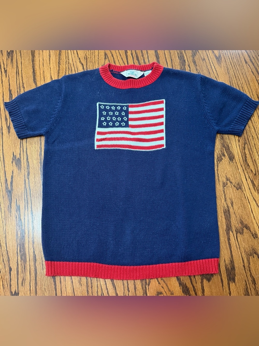 Redhead Vintage USA Flag Patriotic Red Blue Sweater Women’s Large Short Sleeve